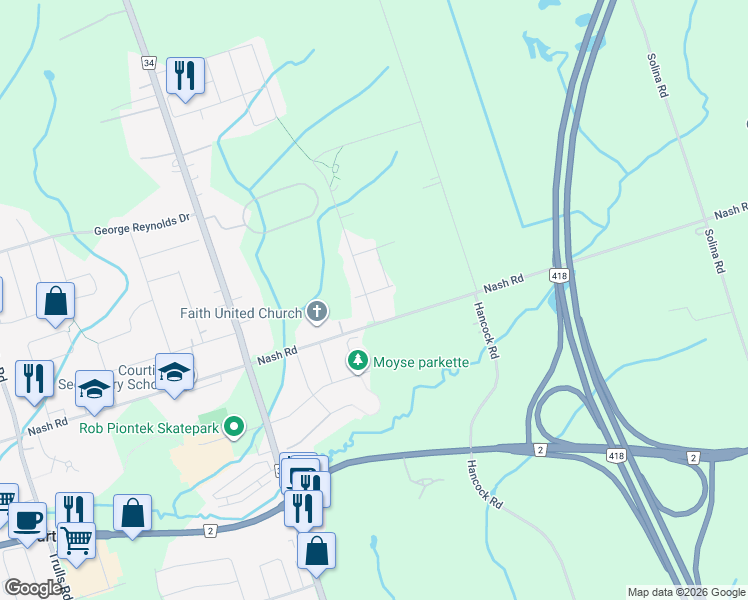 map of restaurants, bars, coffee shops, grocery stores, and more near 19 Harry Gay Drive in Courtice