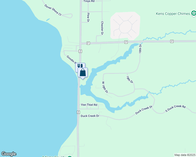 map of restaurants, bars, coffee shops, grocery stores, and more near 2325 West 18th Drive in Friendship