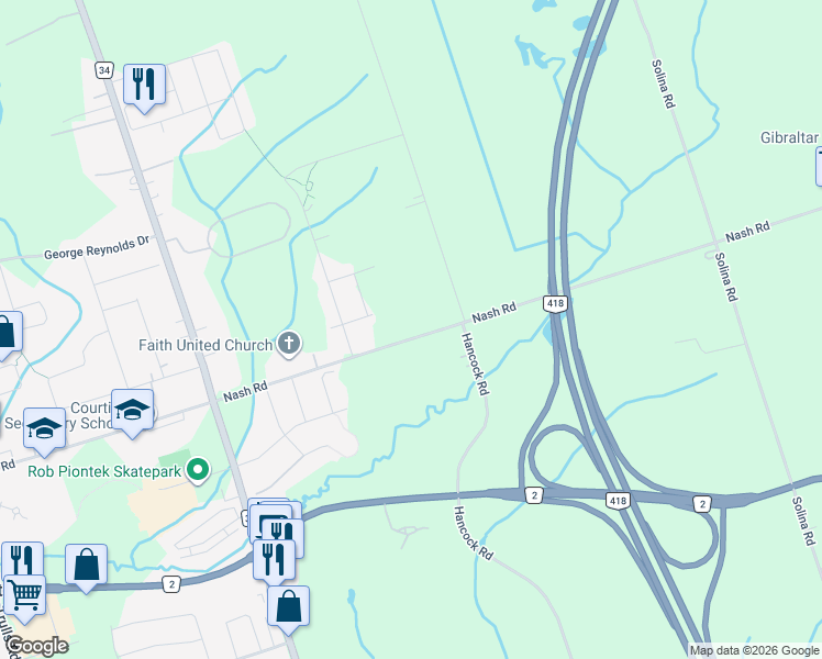 map of restaurants, bars, coffee shops, grocery stores, and more near 1828 Nash Road in Courtice