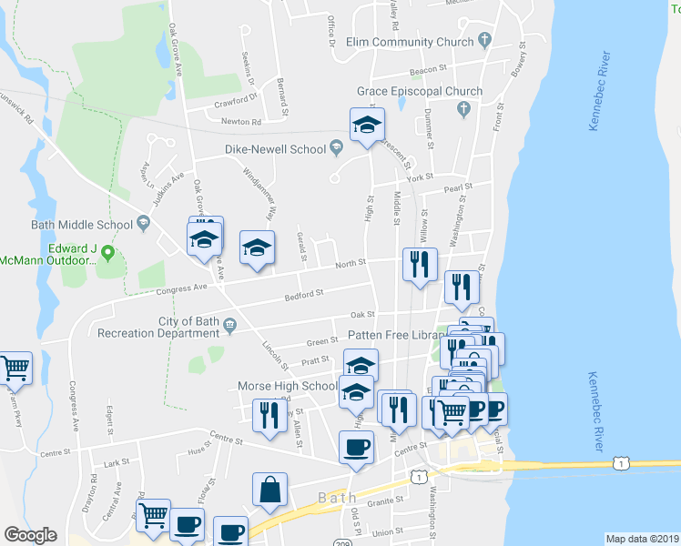 map of restaurants, bars, coffee shops, grocery stores, and more near 134 North Street in Bath