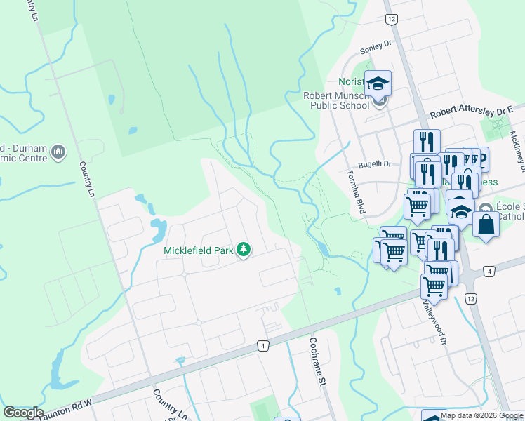 map of restaurants, bars, coffee shops, grocery stores, and more near 44 Priory Drive in Whitby