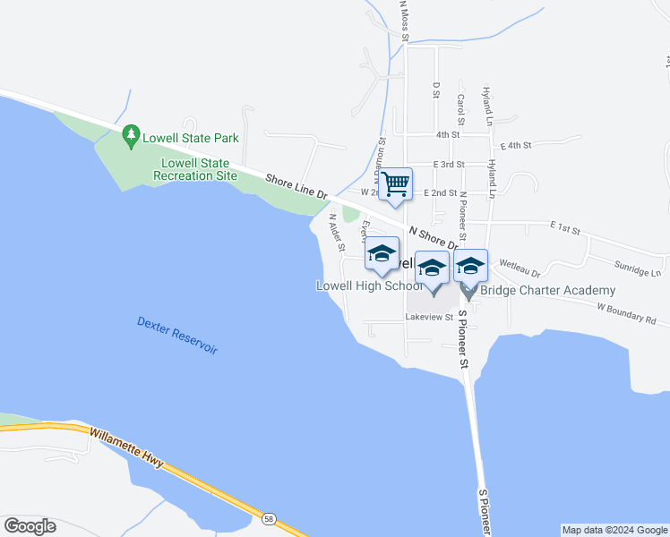 map of restaurants, bars, coffee shops, grocery stores, and more near 17 South Alder Street in Lowell