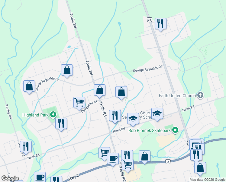 map of restaurants, bars, coffee shops, grocery stores, and more near 17 Pidduck Street in Courtice