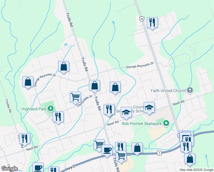 map of restaurants, bars, coffee shops, grocery stores, and more near 17 Pidduck Street in Courtice