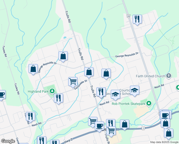 map of restaurants, bars, coffee shops, grocery stores, and more near 16 Meredith Court in Courtice