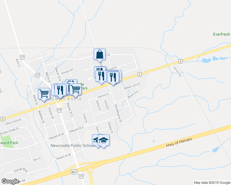 map of restaurants, bars, coffee shops, grocery stores, and more near 21 Brookhouse Drive in Newcastle