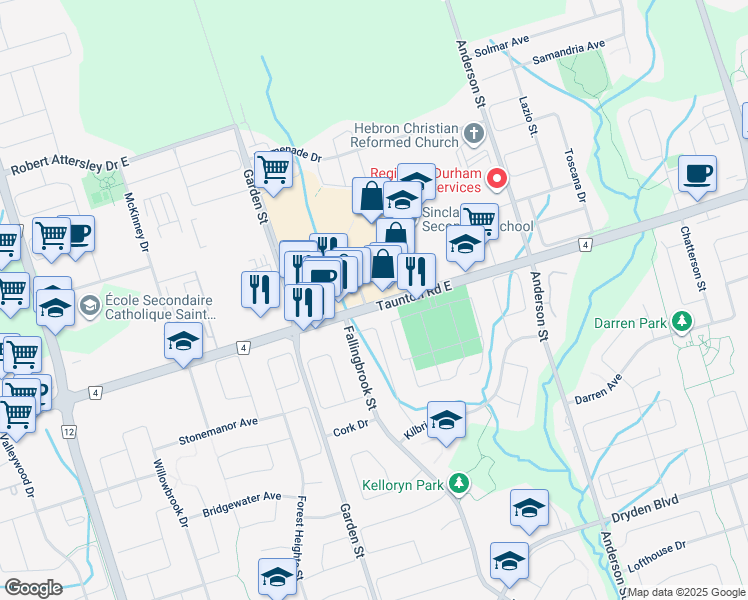 map of restaurants, bars, coffee shops, grocery stores, and more near 308 Durham Regional Road 4 in Whitby