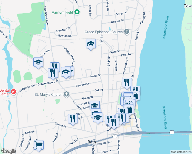 map of restaurants, bars, coffee shops, grocery stores, and more near 120 North Street in Bath