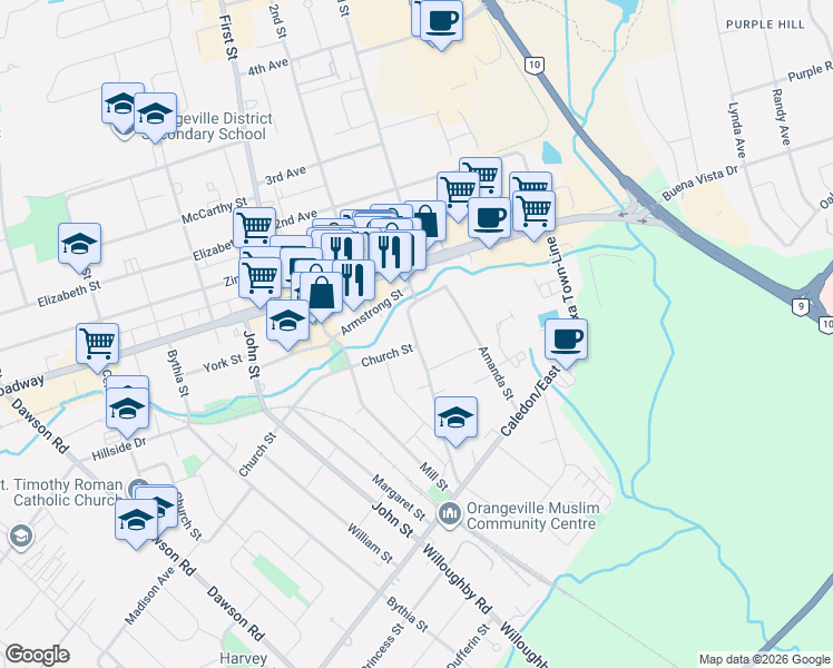 map of restaurants, bars, coffee shops, grocery stores, and more near 5 Church Street in Orangeville