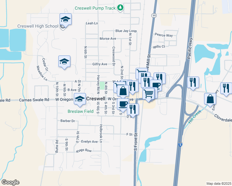 map of restaurants, bars, coffee shops, grocery stores, and more near 70 North 2nd Street in Creswell