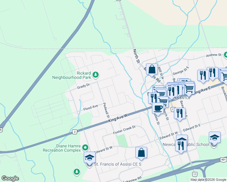 map of restaurants, bars, coffee shops, grocery stores, and more near 50 Barchard Street in Clarington