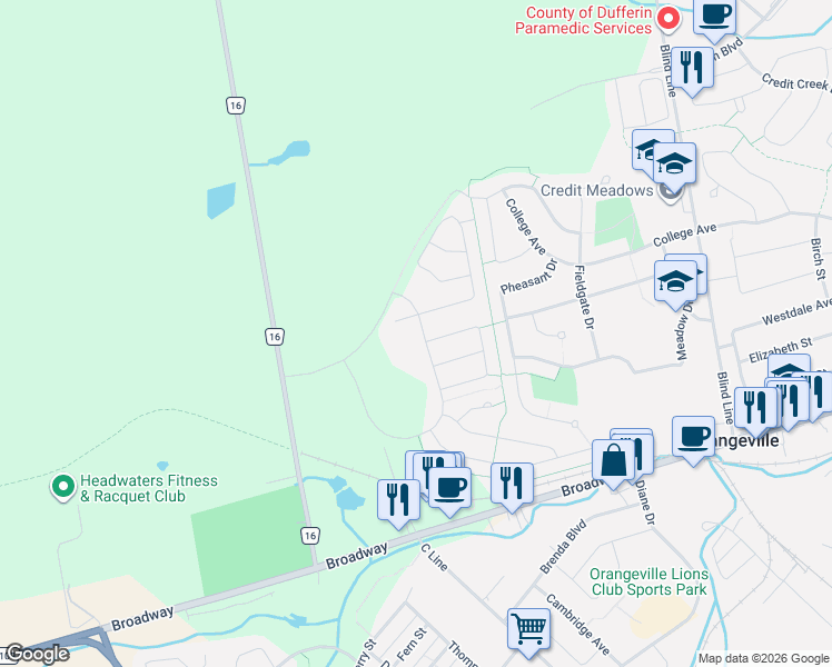 map of restaurants, bars, coffee shops, grocery stores, and more near 158 Parkinson Crescent in Orangeville