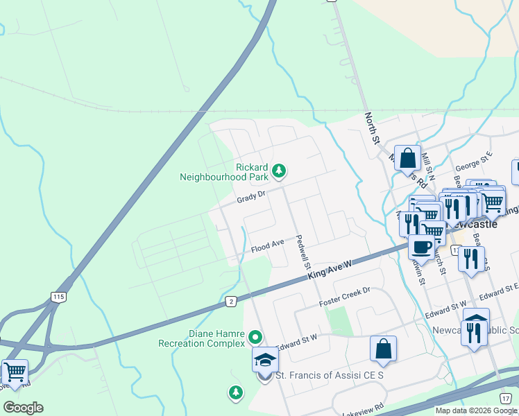 map of restaurants, bars, coffee shops, grocery stores, and more near 98 Erskine Drive in Newcastle