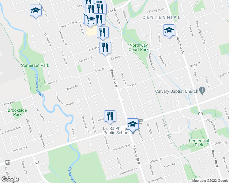 map of restaurants, bars, coffee shops, grocery stores, and more near 798 Simcoe Street North in Oshawa