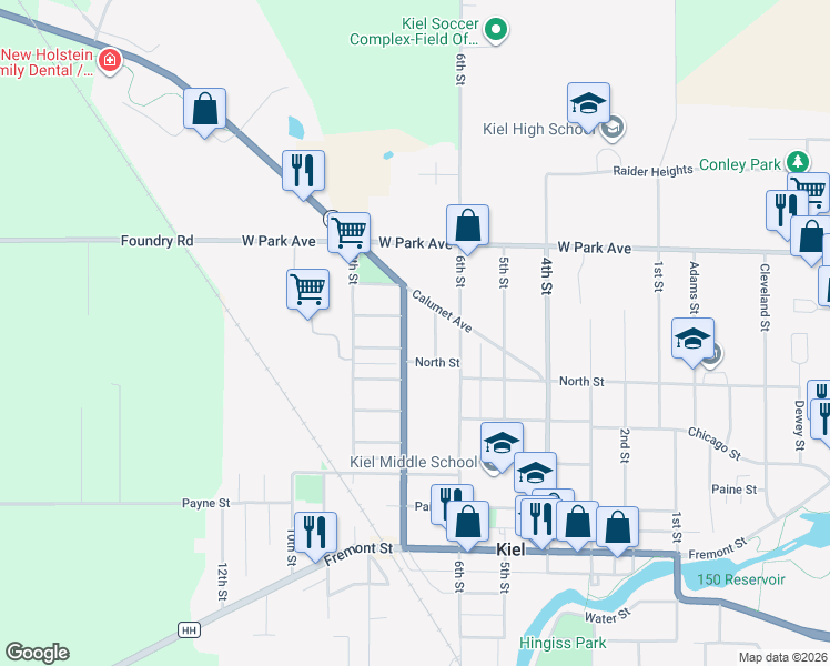 map of restaurants, bars, coffee shops, grocery stores, and more near 1036 7th St in Kiel