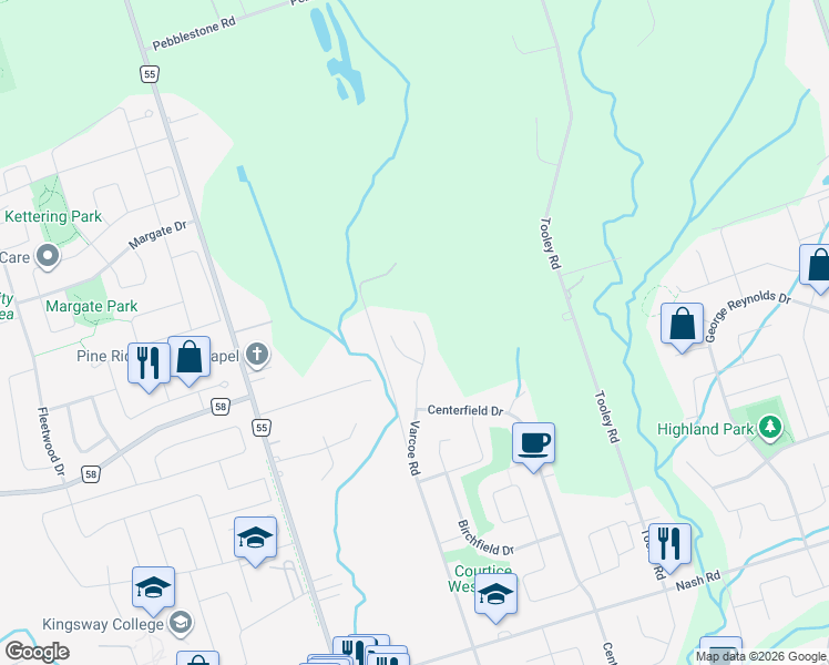 map of restaurants, bars, coffee shops, grocery stores, and more near 192 Varcoe Road in Courtice