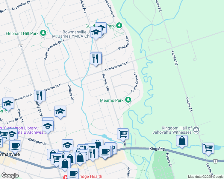 map of restaurants, bars, coffee shops, grocery stores, and more near in Bowmanville
