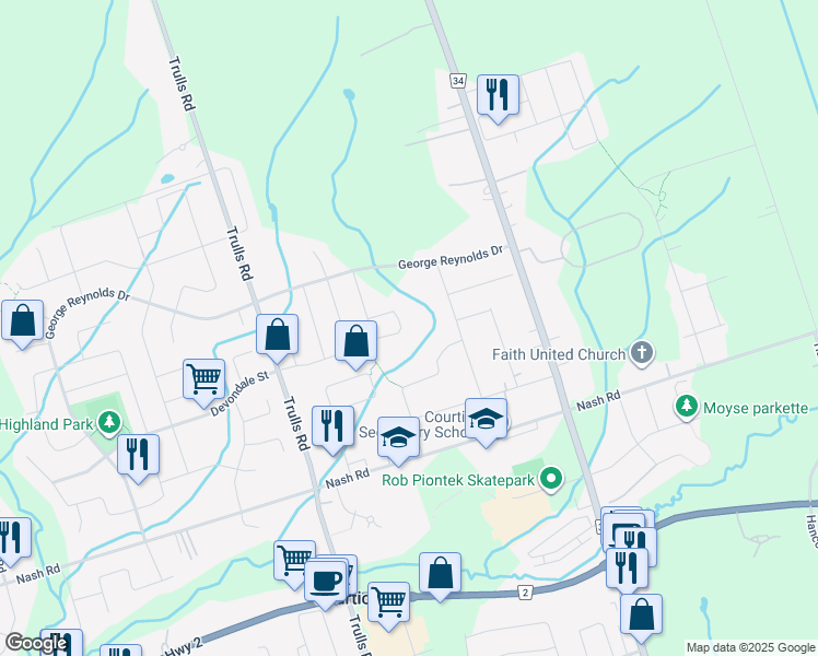 map of restaurants, bars, coffee shops, grocery stores, and more near 138 Sleeman Square in Courtice