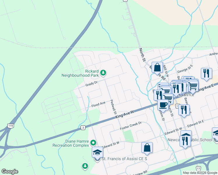 map of restaurants, bars, coffee shops, grocery stores, and more near 1 Gomme Avenue in Clarington