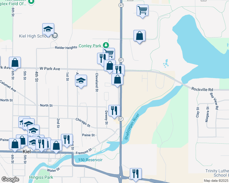 map of restaurants, bars, coffee shops, grocery stores, and more near 1105 Service Road in Kiel