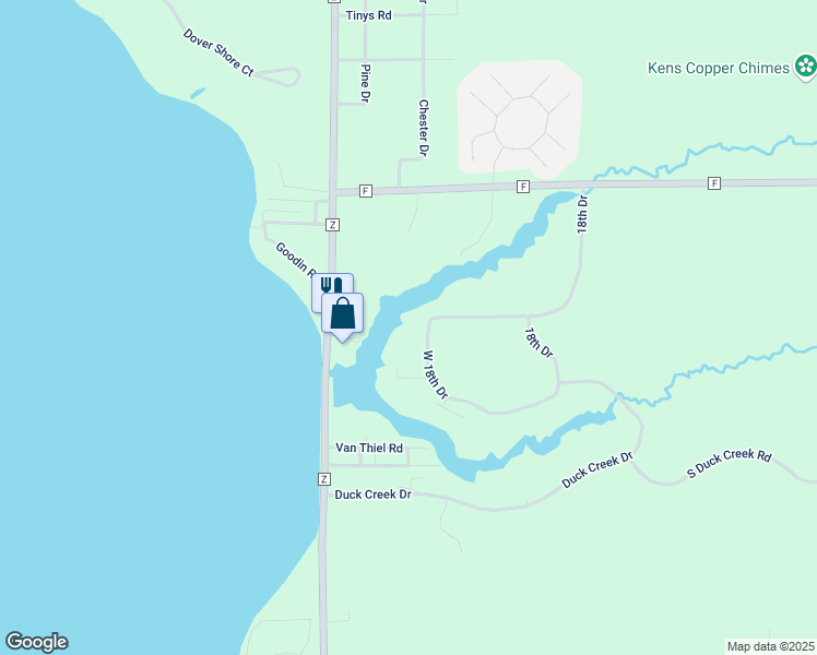 map of restaurants, bars, coffee shops, grocery stores, and more near 2325 West 18th Drive in Friendship