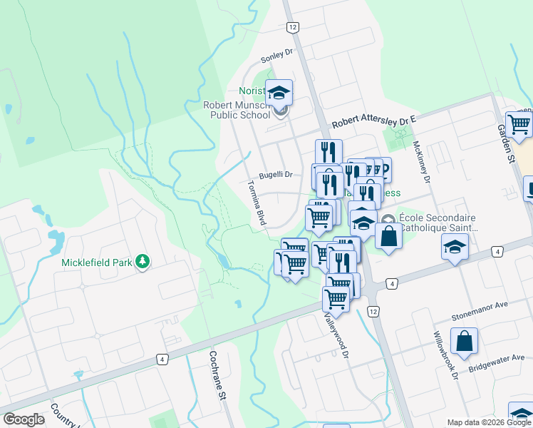 map of restaurants, bars, coffee shops, grocery stores, and more near 106 Tormina Boulevard in Whitby