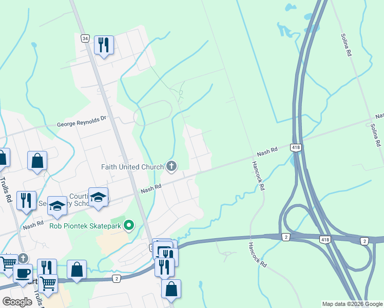 map of restaurants, bars, coffee shops, grocery stores, and more near 2 Tabb Avenue in Courtice