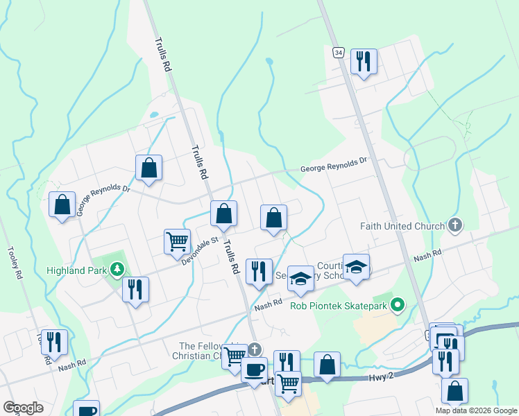 map of restaurants, bars, coffee shops, grocery stores, and more near 80 Cecil Found Crescent in Courtice