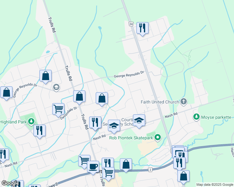 map of restaurants, bars, coffee shops, grocery stores, and more near 138 Sleeman Square in Courtice