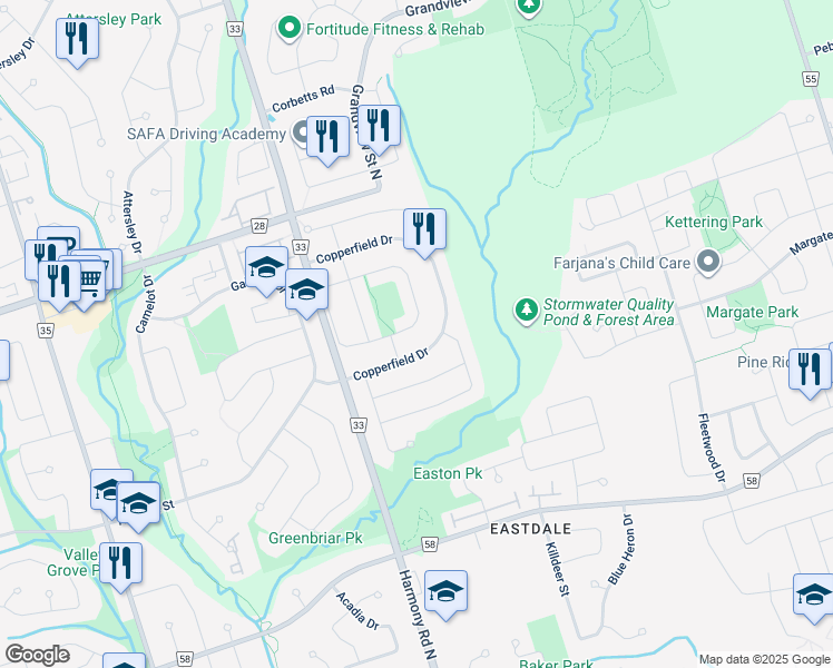 map of restaurants, bars, coffee shops, grocery stores, and more near 883 Peggoty Circle in Oshawa