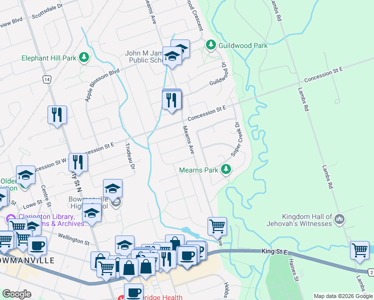 map of restaurants, bars, coffee shops, grocery stores, and more near 71 Dadson Drive in Bowmanville