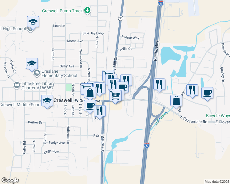 map of restaurants, bars, coffee shops, grocery stores, and more near 104 North Mill Street in Creswell