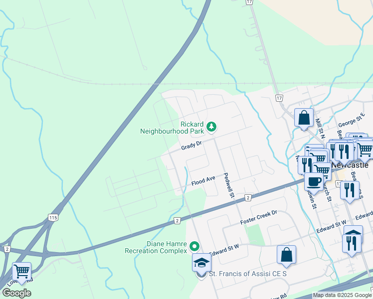 map of restaurants, bars, coffee shops, grocery stores, and more near 119 Grady Drive in Newcastle