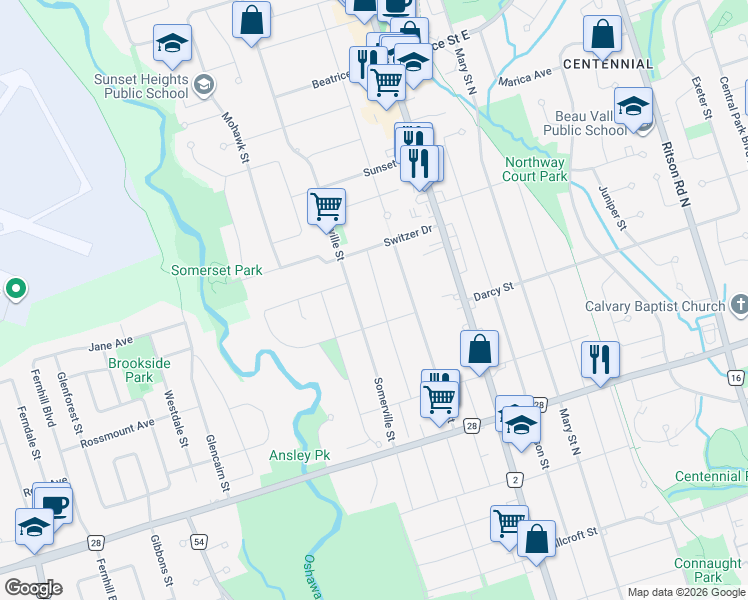 map of restaurants, bars, coffee shops, grocery stores, and more near 834 Law Street in Oshawa