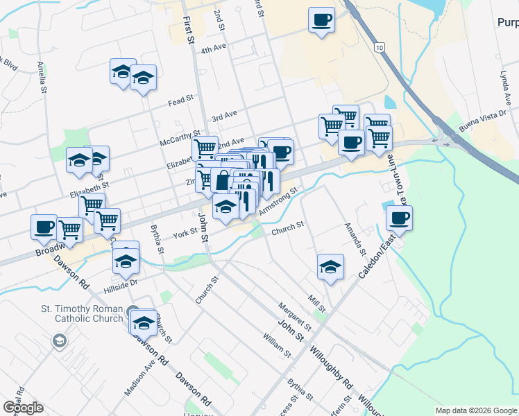 map of restaurants, bars, coffee shops, grocery stores, and more near 5 Armstrong Street in Orangeville