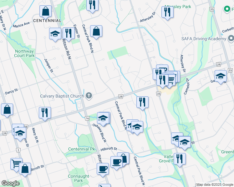 map of restaurants, bars, coffee shops, grocery stores, and more near in Oshawa