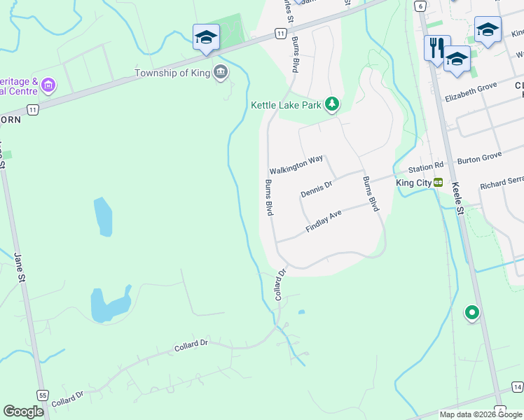 map of restaurants, bars, coffee shops, grocery stores, and more near 212 Burns Boulevard in King