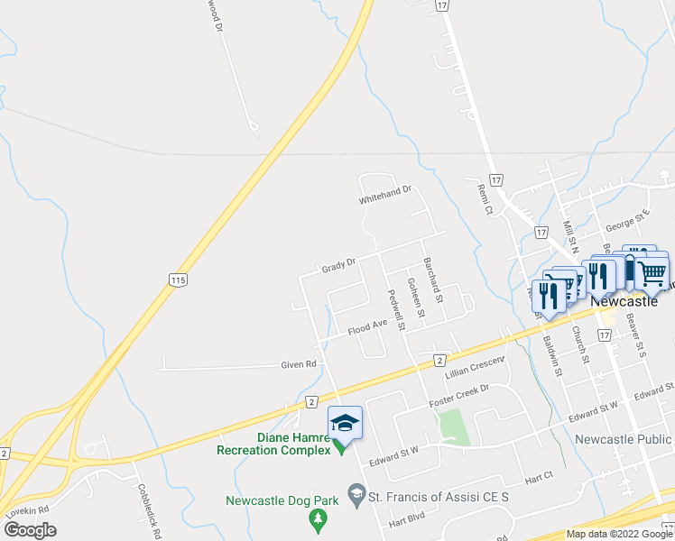map of restaurants, bars, coffee shops, grocery stores, and more near 107 Grady Drive in Newcastle