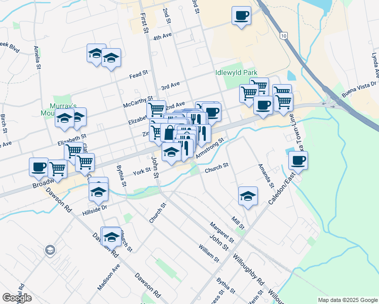 map of restaurants, bars, coffee shops, grocery stores, and more near 19 Mill Street in Orangeville