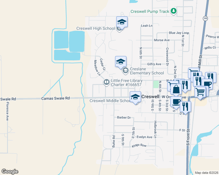 map of restaurants, bars, coffee shops, grocery stores, and more near 101 North 10th Street in Creswell