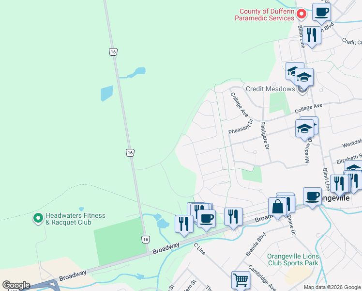 map of restaurants, bars, coffee shops, grocery stores, and more near 172 Parkinson Crescent in Orangeville
