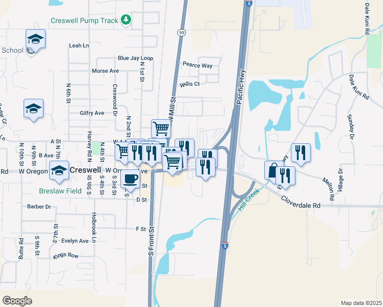 map of restaurants, bars, coffee shops, grocery stores, and more near 298 East Oregon Avenue in Creswell