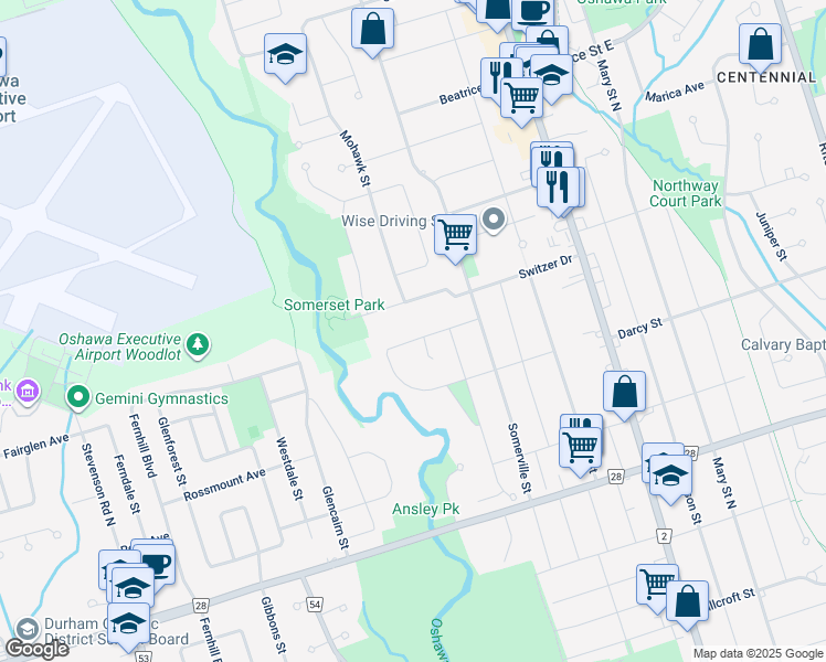 map of restaurants, bars, coffee shops, grocery stores, and more near 184 Winona Avenue in Oshawa