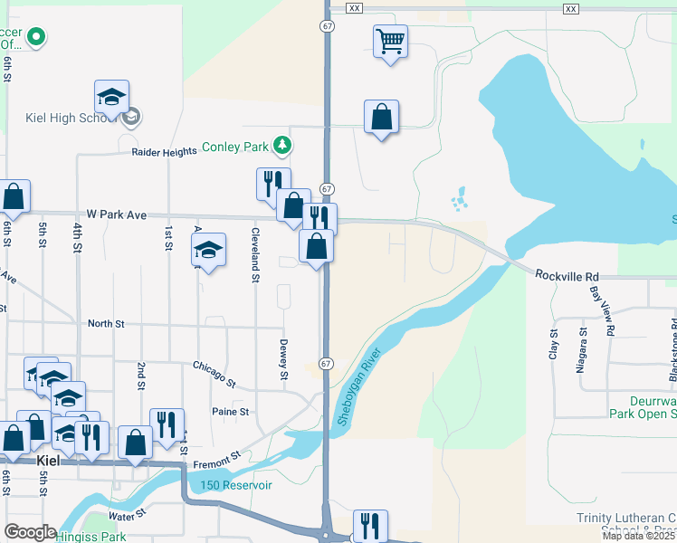 map of restaurants, bars, coffee shops, grocery stores, and more near 1040 River Trail Circle in Kiel