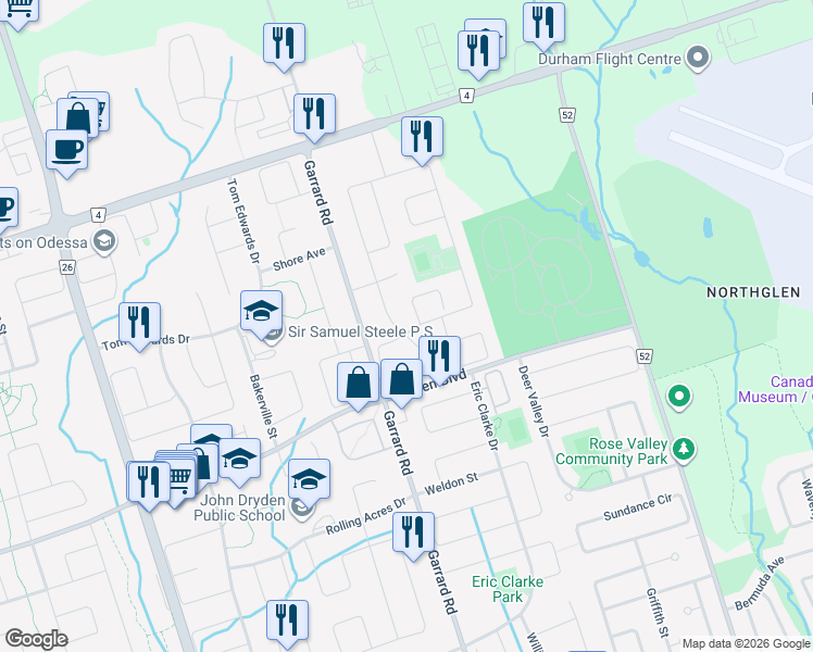 map of restaurants, bars, coffee shops, grocery stores, and more near 2 Lady May Drive in Whitby