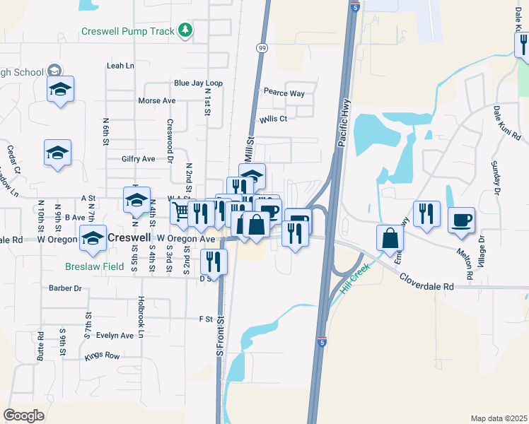 map of restaurants, bars, coffee shops, grocery stores, and more near 298 East Oregon Avenue in Creswell