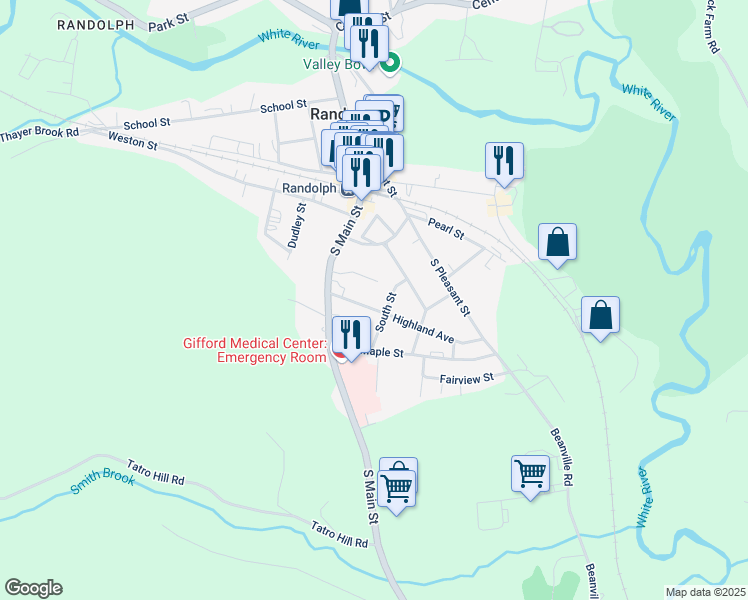 map of restaurants, bars, coffee shops, grocery stores, and more near 7 Highland Avenue in Randolph
