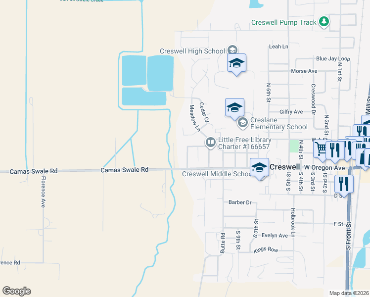 map of restaurants, bars, coffee shops, grocery stores, and more near 1137 Ash Grove Loop in Creswell