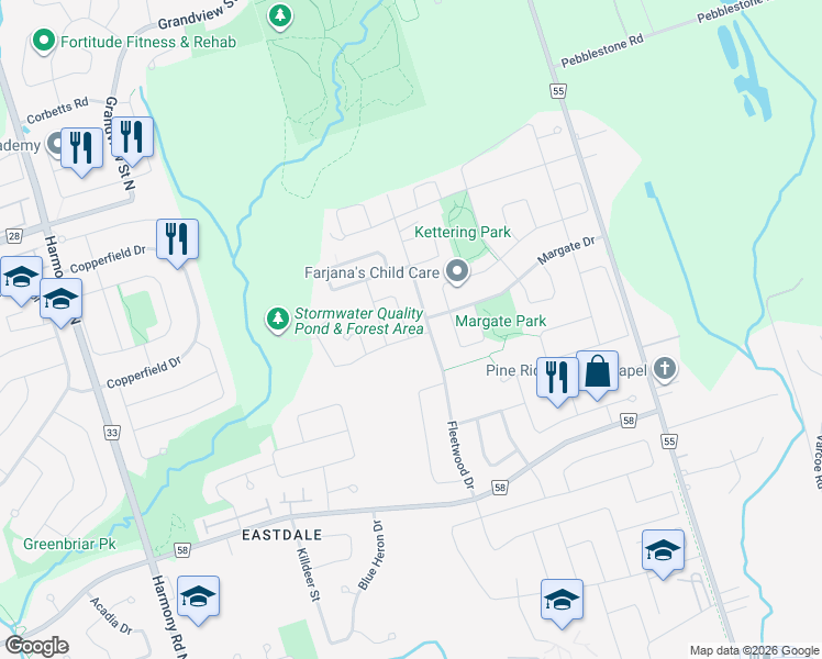 map of restaurants, bars, coffee shops, grocery stores, and more near 551 Shaftsbury Street in Oshawa