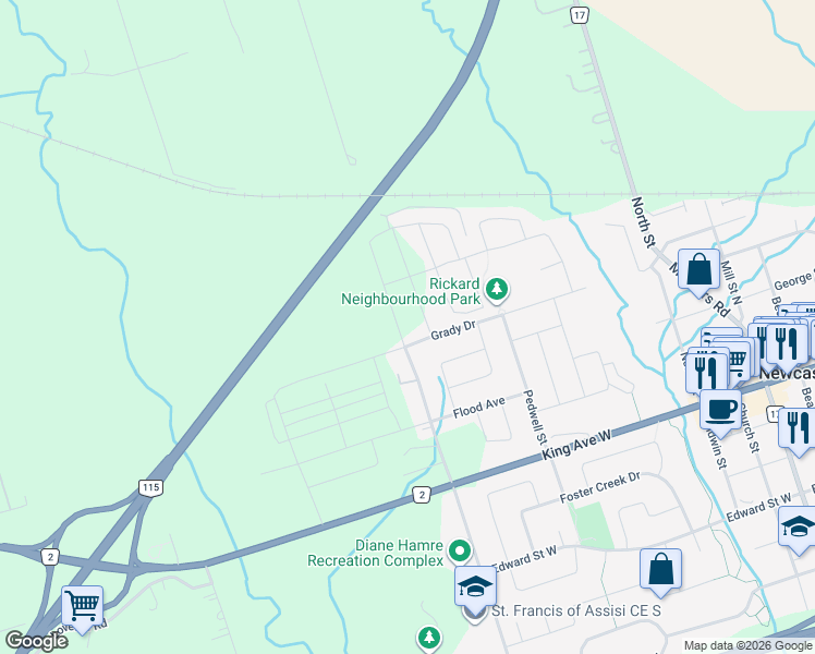 map of restaurants, bars, coffee shops, grocery stores, and more near in Regional Municipality of Durham